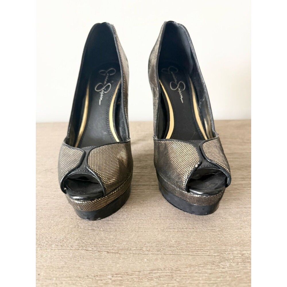 Jessica Simpson Evette Tarnish Gold Metallic Open Toe Platform Heel Size 7 - Picture 4 of 9